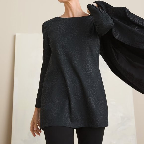 Chico's 2 Gray Black Leopard Print Pointe Knit Stretch Tunic Top Large L 12 - Picture 2 of 9